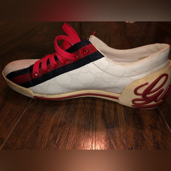 Gucci GG Monogram Script White/Navy/Red Sneakers SZ 37 - Picture 6 of 13